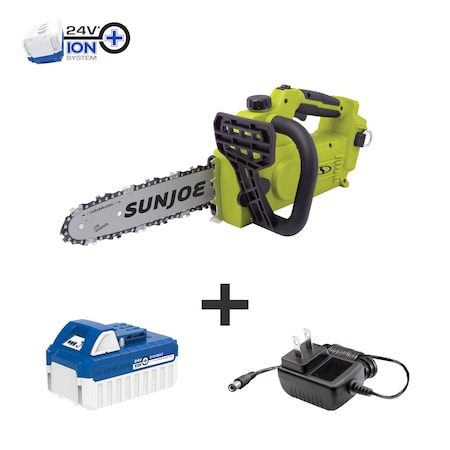 Sun Joe 24V iON 10 In, 4.0Ah Cordless Self Oiling Chain Saw, Tool-Less Bar/Chain Tension 24V-10CS